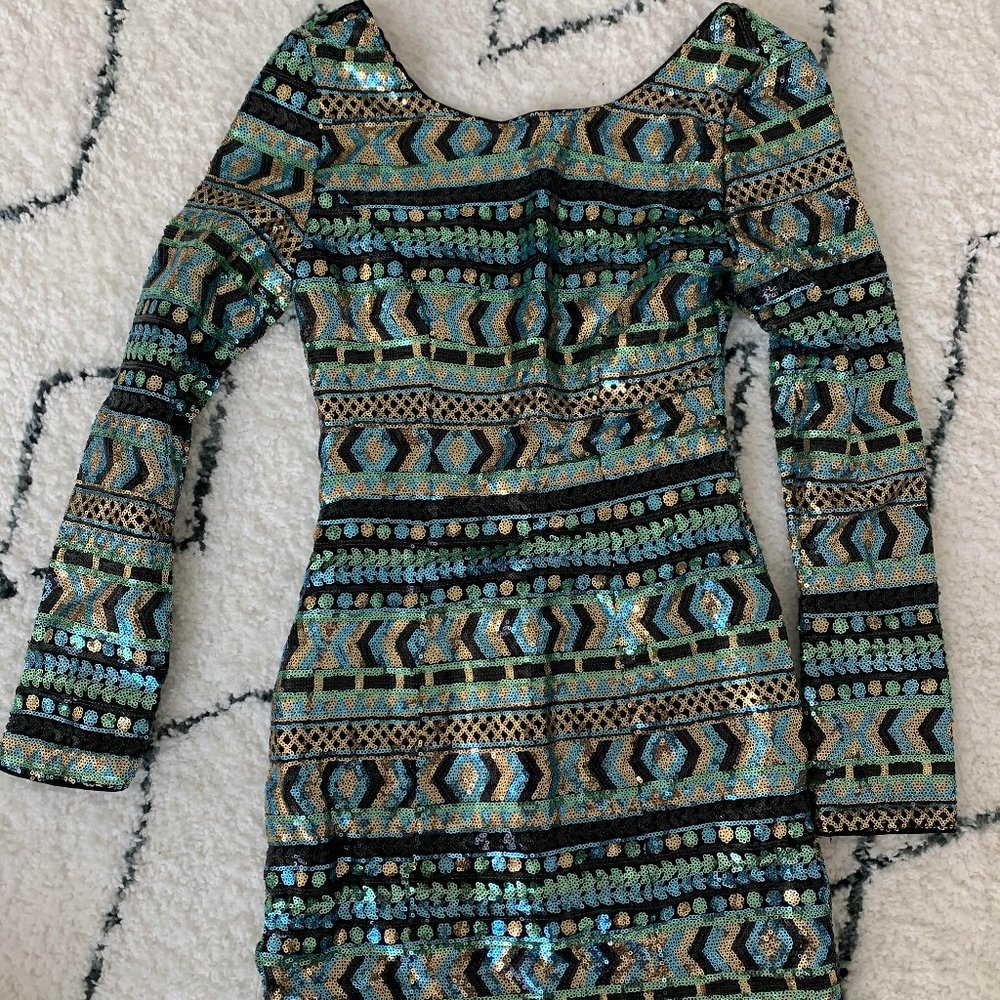 Holiday Geometric Print Sequin Dress S